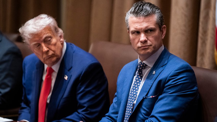 Washington, DC – April 10 : President Donald J Trump and Defense Secretary Pete Hegseth listen during a cabinet meeting at the White House on Thursday, April 10, 2025 in Washington, DC. (Photo by Jabin Botsford/The Washington Post via Getty Images)