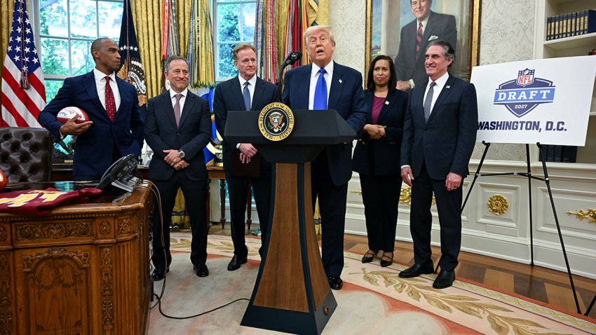 President Donald Trump announces that Washington, D.C., will host the 2027 NFL Draft, during an event in the Oval Office of the White House on May 5, 2025.