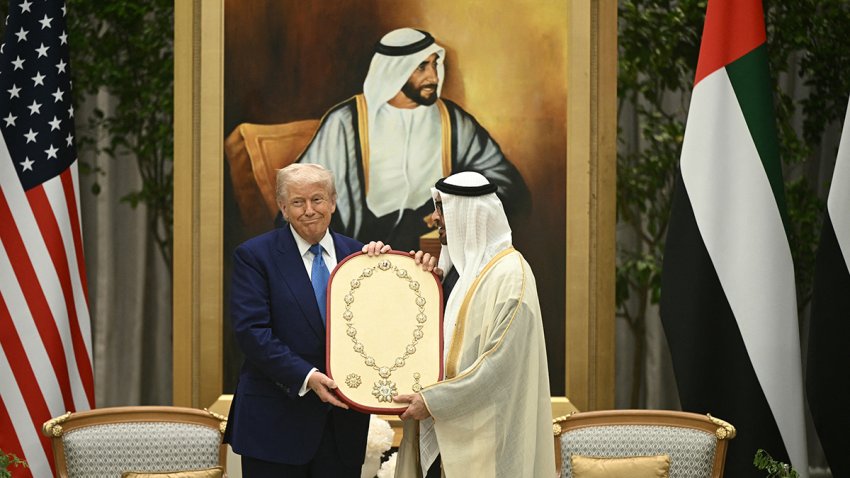 President Donald Trump receives the Order of Zayed, United Arab Emirates' highest civil decoration named after the first president of the UAE, Zayed bin Sultan Al Nahyan, from his UAE counterpart Sheikh Mohamed bin Zayed Al Nahyan, at Qasr Al-Watan in Abu Dhabi on May 15, 2025.
