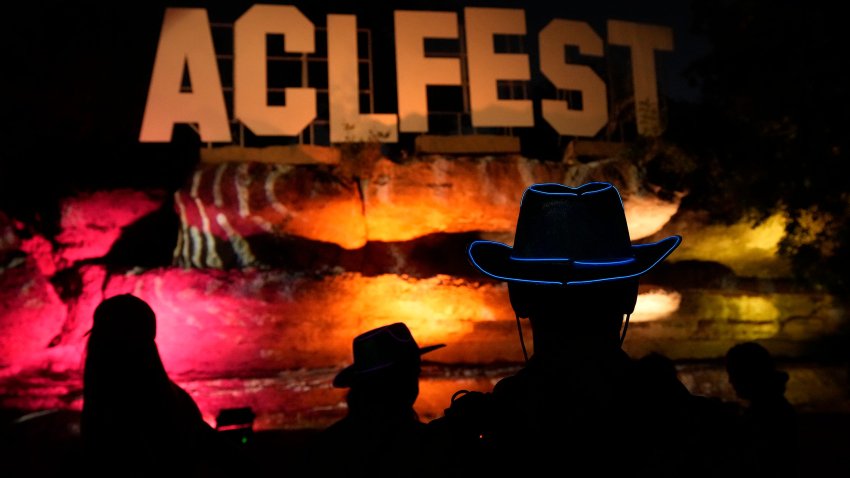 Clay Sale, of Fort Collins, Colorado, wears an light up cowboy hat at the Austin City Limits Music Festival in Zilker Park Saturday October 5, 2024.
