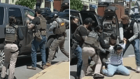 Stills from video showing federal agents breaking an SUV window and detaining a man who was inside in Chelsea, Massachusetts, on Sunday, May 11, 2025.