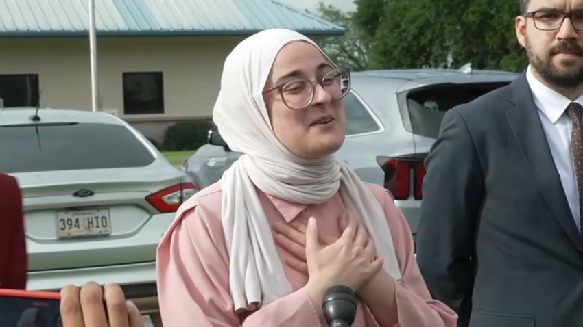 Tufts student Rumeysa Ozturk speaks moments after being released from an ICE detention facility in Louisiana on Friday, May 9, 2025.