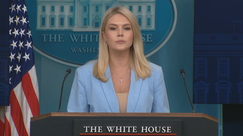 White House Press Secretary Karoline Leavitt speaks from lectern