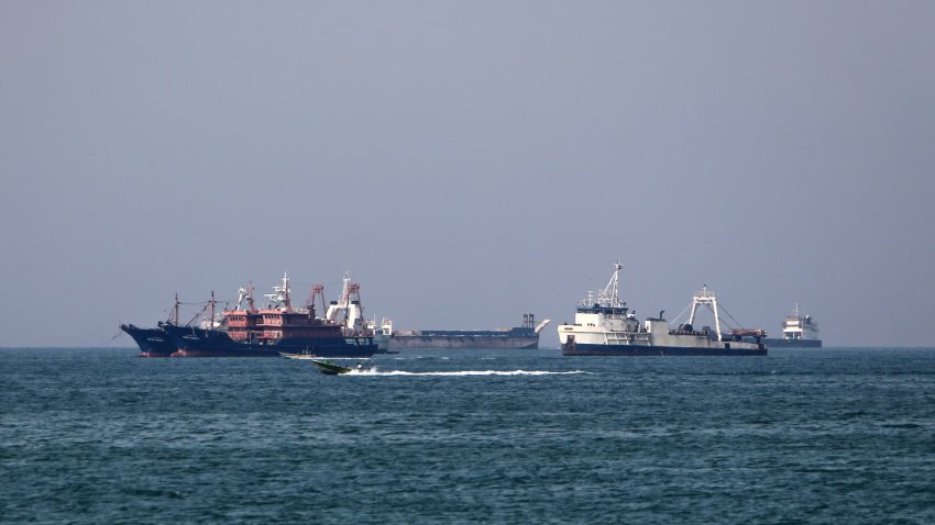 Cargo ships sail in the Gulf off the Iranian port city of Bandar Abbas, which is the main base of the Islamic republic’s navy and has a strategic position on the Strait of Hormuz, on April 29, 2019.