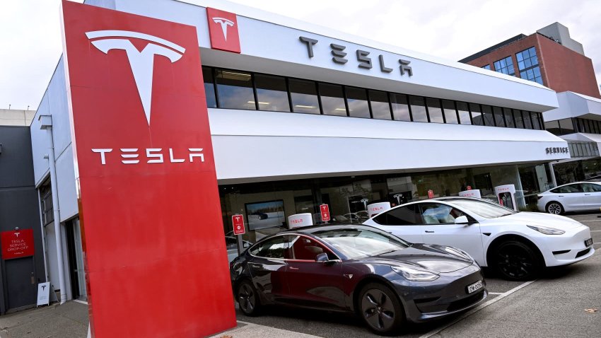 Electric vehicles outside a Tesla dealership in Melbourne on April 19, 2023.