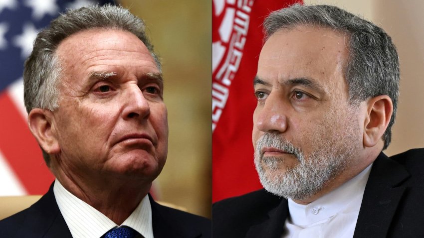 This combination of pictures created on April 09, 2025 shows US Middle East envoy Steve Witkoff after a meeting with Russian officials at Diriyah Palace, in Riyadh, Saudi Arabia, on February 18, 2025 (L); and Iran’s Foreign Minister Abbas Araghchi speaking to AFP during an interview at the Iranian consulate in Jeddah on March 7, 2025.