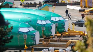Boeing 737 aircraft fuselages are pictured at the company’s Renton factory in Renton, Washington, on April 15, 2025.