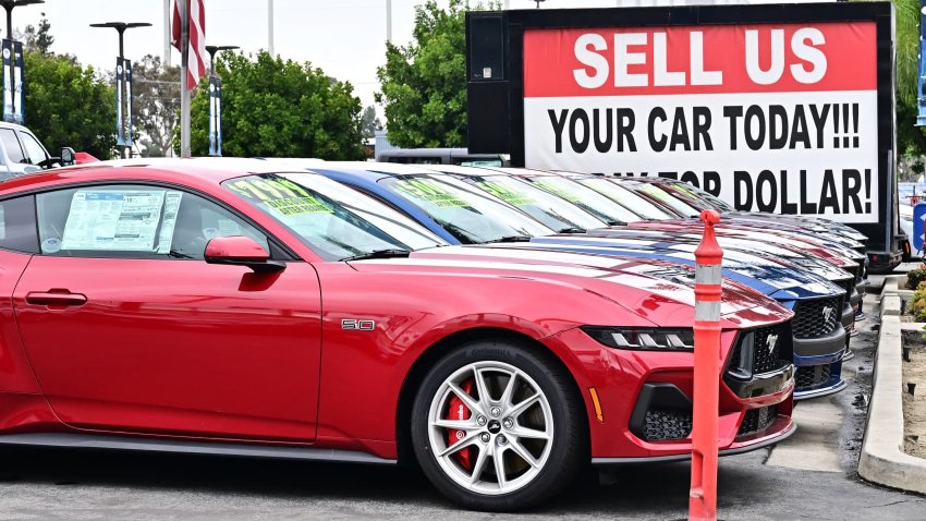 A Ford mustang is seen at a used car dealership in Montebello, California on May 5, 2025.