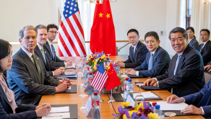 U.S. Secretary of the Treasury Scott Bessent, U.S. Trade Representative Jamieson Greer, Li Chenggang, China’s International Trade Representative and Vice Minister of Commerce and Chinese Vice Premier He Lifeng, prepare to discuss during a bilateral meeting between the U.S. and China, in Geneva, Switzerland, May 11, 2025.