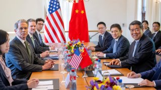 U.S. Secretary of the Treasury Scott Bessent, U.S. Trade Representative Jamieson Greer, Li Chenggang, China’s International Trade Representative and Vice Minister of Commerce and Chinese Vice Premier He Lifeng, prepare to discuss during a bilateral meeting between the U.S. and China, in Geneva, Switzerland, May 11, 2025.