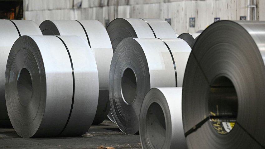 Rolls of steel are seen before the US president speaks during a rally at US Steel – Irvin Works in the Pittsburgh suburb of West Mifflin, Pennsylvania, on May 30, 2025.