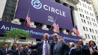 Jeremy Allaire, CEO of Circle Internet Group, the issuer of one of the world’s biggest stablecoins, and Circle co-founder Sean Neville pose outside the New York Stock Exchange (NYSE), on the day of the company’s IPO in New York City, U.S., June 5, 2025.