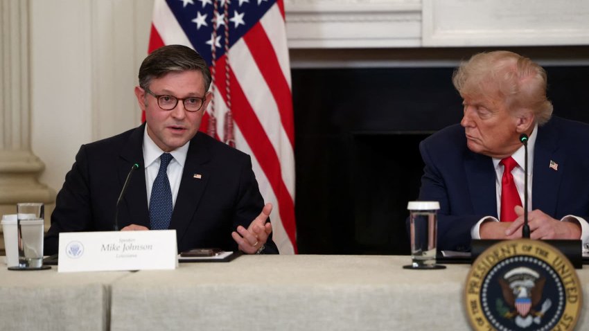 U.S. House Speaker Mike Johnson speaks next to U.S. President Donald Trump during an Invest America Roundtable in the State Dining room, at the White House, in Washington, U.S., June 9, 2025.