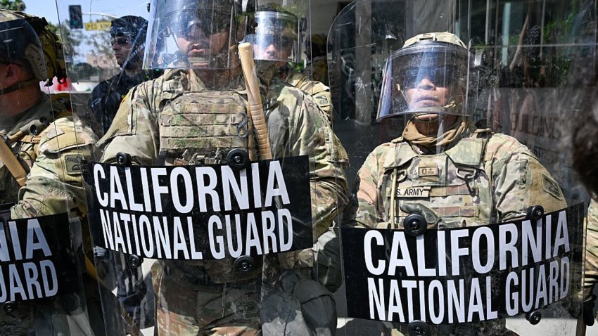 Police and national guards take measures as thousands of anti-ICE protesters are gathered outside of the Federal Building in Los Angeles, California on June 9, 2025 amid protests over immigration raids.