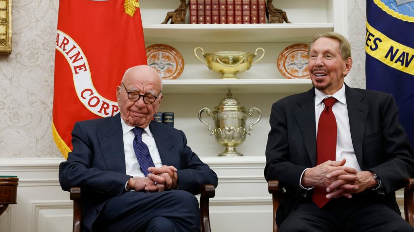 From left, former Fox Corp. Executive Chairman Rupert Murdoch and Larry Ellison, Oracle’s co-founder, chief technology officer and executive chairman, listen as U.S. President Donald Trump speaks to reporters in the Oval Office of the White House in Washington on Feb. 3, 2025.