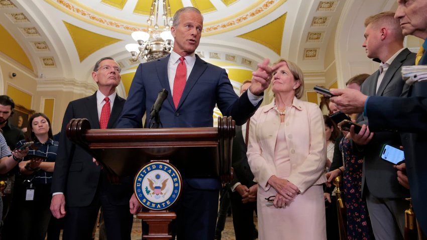 Senate Majority Leader John Thune (R-SD) speaks during a news conference following the weekly Senate Republican policy luncheon at the U.S. Capitol on June 17, 2025.
