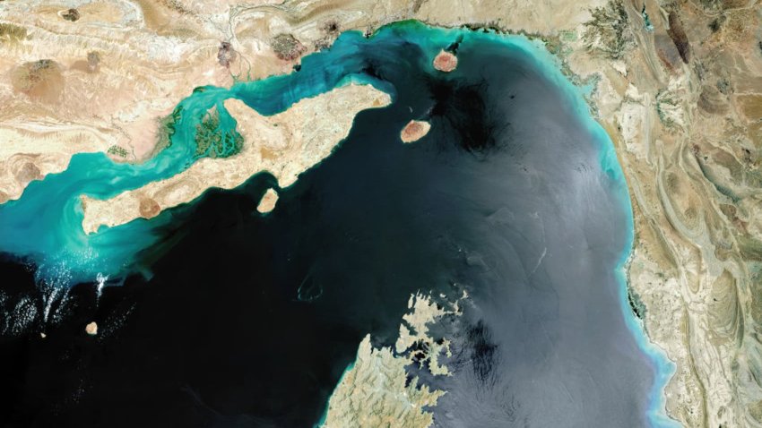 Satellite image of the Strait of Hormuz, a strategic maritime choke point with Iran situated at the top with Qeshm Island and the United Arab Emirates to the South. Imaged 24 May 2017.