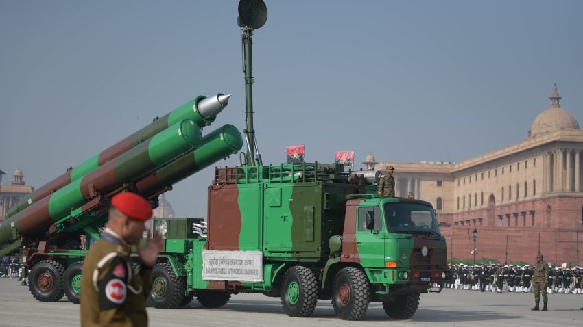 The Indian Army’s Brahmos missile system takes part Rehearsal in full swing ahead of the Republic Day Parade 2025, at Kartavya Path on January 20, 2025 in New Delhi, India.