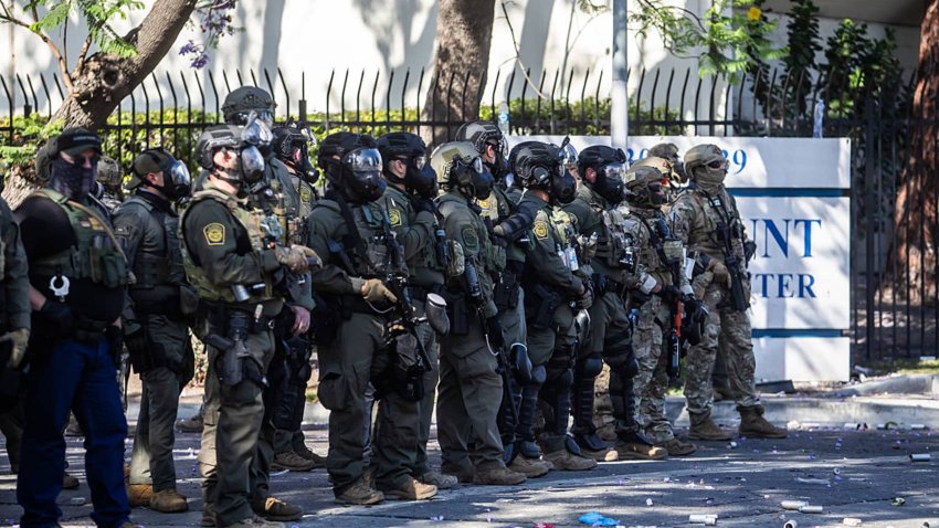 U.S. Border Patrol and protesters clash after a raid was conducted by Immigration and Customs Enforcement near a Home Depot on June 7, 2025 in Paramount, California. Around 30 agents wearing tactical gear were stationed near a Home Depot in Paramount and faced off against protesters, south of downtown Los Angeles.
