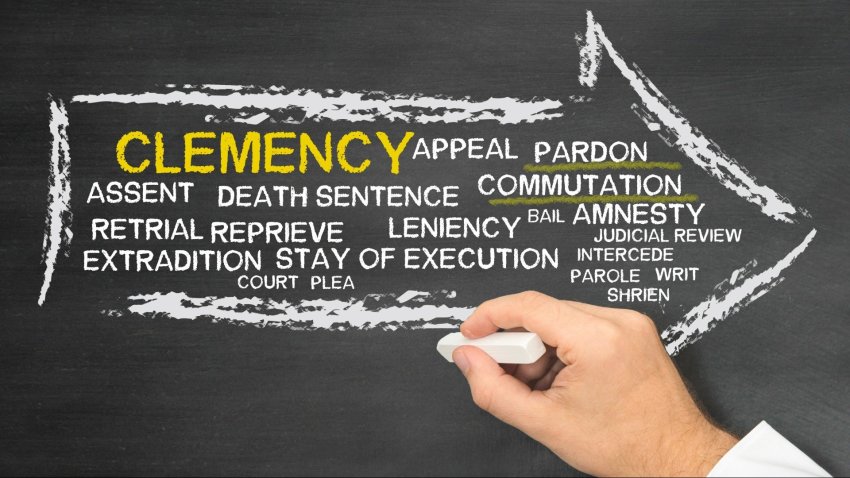 Handwritten words inside an arrow on a blackboard. Clemency, pardon, commutation, amnesty, etc