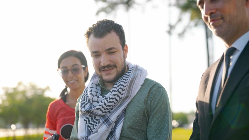 Palestinian activist Mahmoud Khalil, center, speaks after his release from federal immigration detention in Jena, La., Friday, June 20, 2025.