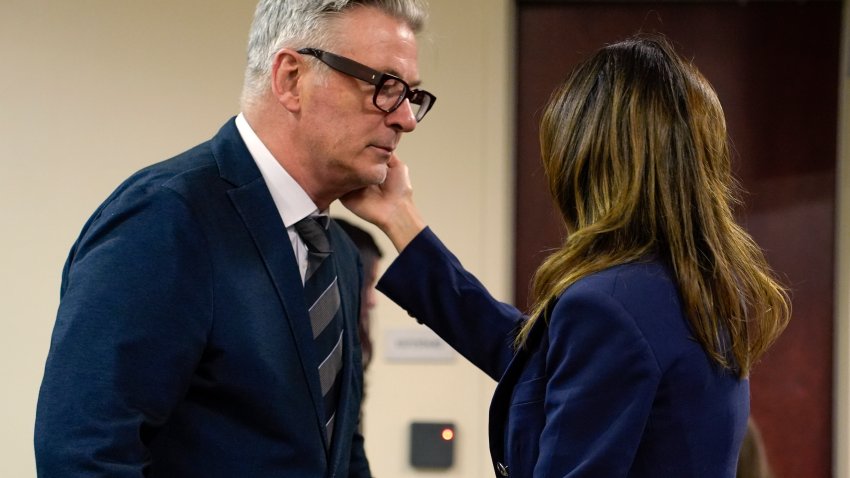 FILE – Actor Alec Baldwin approaches his wife Hilaria during his trial, July 11, 2024, in Santa Fe, N.M.