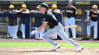 PEORIA, ARIZONA – MARCH 11: Kyle Teel #89 of the Chicago White Sox follows through on a swing against the San Diego Padres during a spring training game at Peoria Stadium on March 11, 2025 in Peoria, Arizona. (Photo by Norm Hall/Getty Images)