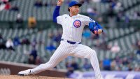 CHICAGO, ILLINOIS – APRIL 9: Nate Pearson #56 of the Chicago Cubs pitches in a game against the Texas Rangers at Wrigley Field on April 9, 2025 in Chicago, Illinois. (Photo by Matt Dirksen/Chicago Cubs/Getty Images)