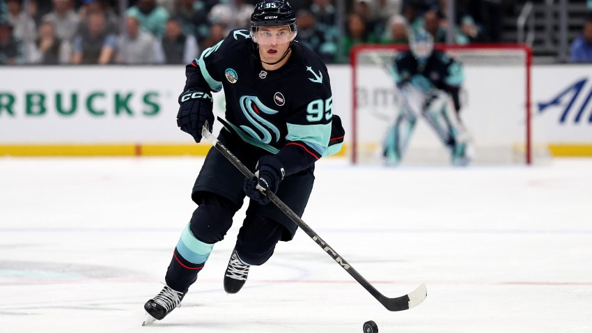 SEATTLE, WASHINGTON – APRIL 15: Andre Burakovsky #95 of the Seattle Kraken skates against the Los Angeles Kings at Climate Pledge Arena on April 15, 2025 in Seattle, Washington. (Photo by Steph Chambers/Getty Images)