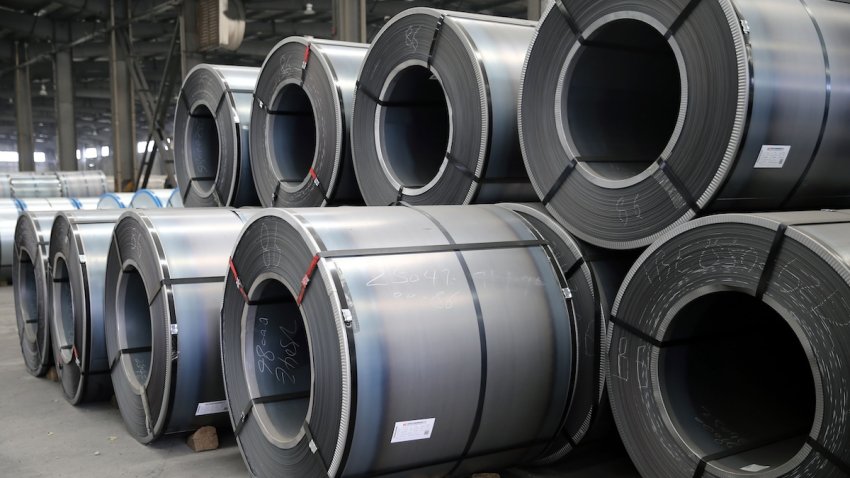 Steel materials gather in the warehouse of Lianyungang Port, waiting to be loaded onto ships in Lianyungang City, Jiangsu Province, China, on June 1, 2025. (Photo by Costfoto/NurPhoto via Getty Images)