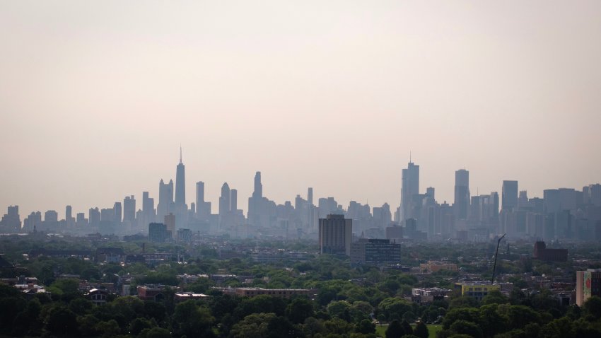 CHICAGO, ILLINOIS – JUNE 03: An aerial view shows smoke from Canadian wildfires dimming the downtown skyline on June 03, 2025 in Chicago, Illinois. The smoke is causing air quality alerts in parts of Minnesota, Iowa and Wisconsin and is visible in Illinois, Michigan, Ohio, Pennsylvania and West Virginia.  (Photo by Scott Olson/Getty Images)