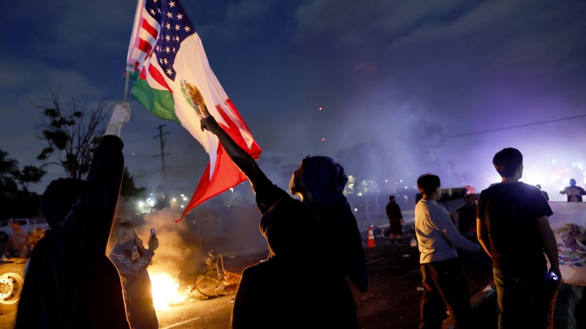Compton, CA June 7, 2025  Protesters during a protest in Compton, Calif., Saturday, June 7, 2025, after federal immigration authorities conducted operations. (Gina Ferazzi/Los Angeles Times via Getty Images)