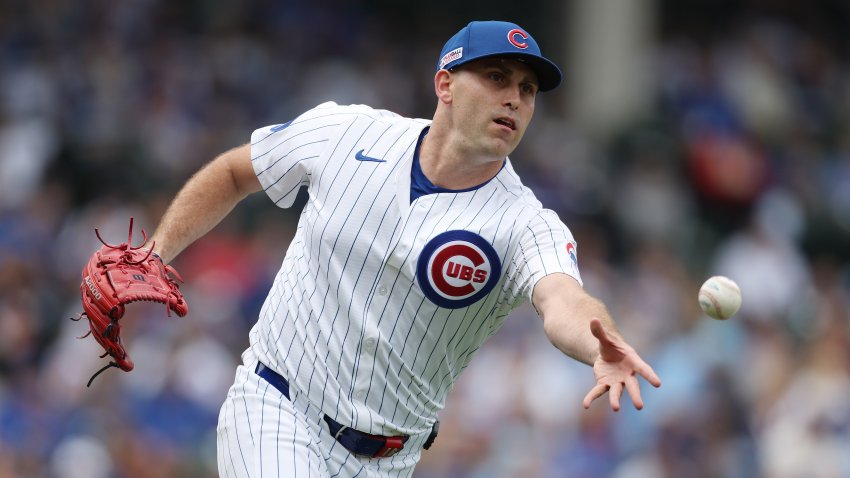 CHICAGO, ILLINOIS – JUNE 14: Matthew Boyd #16 of the Chicago Cubs throws to first base for an out during the first inning against the Pittsburgh Pirates at Wrigley Field on June 14, 2025 in Chicago, Illinois. (Photo by Geoff Stellfox/Getty Images)