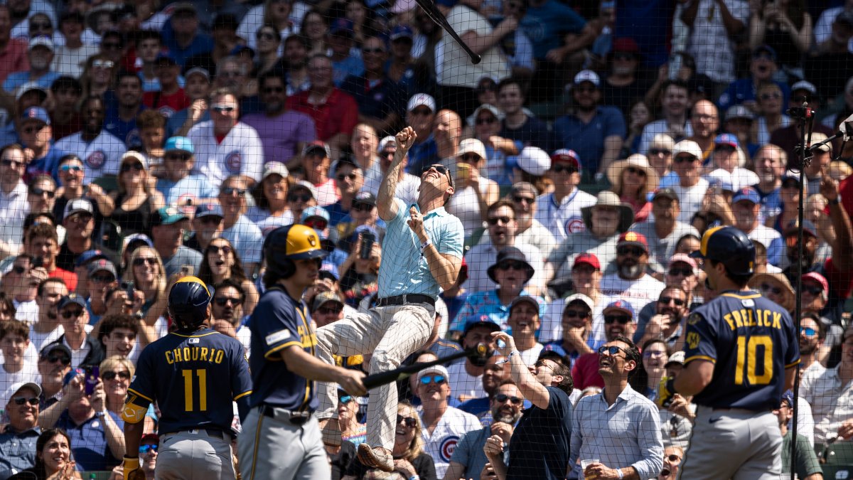 Fan climbs Wrigley Field netting during Cubs game to retrieve bat