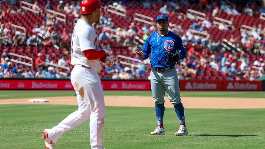 ST LOUIS, MISSOURI – JUNE 26: Willson Contreras #40 of the St. Louis Cardinals has words with pitcher Daniel Palencia #48 of the Chicago Cubs as he takes his base after being hit by pitch during the ninth inning at Busch Stadium on June 26, 2025 in St Louis, Missouri. (Photo by Scott Kane/Getty Images)
