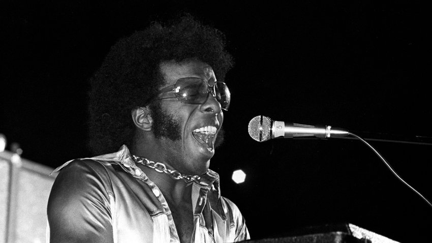 Sly Stone performs at Harvard Stadium, Brighton, Boston, Massachusetts, 1972.