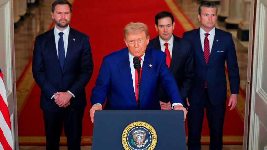 US Vice President JD Vance, from left, US President Donald Trump, Marco Rubio, US secretary of state, and Pete Hegseth, US secretary of defense, during an address to the nation in the East Room of the White House in Washington, DC, US, on Saturday, June 21, 2025. Trump said the US military struck three sites in Iran on Saturday, marking the first American involvement in direct attacks against Iranian nuclear assets in its conflict with Israel.
