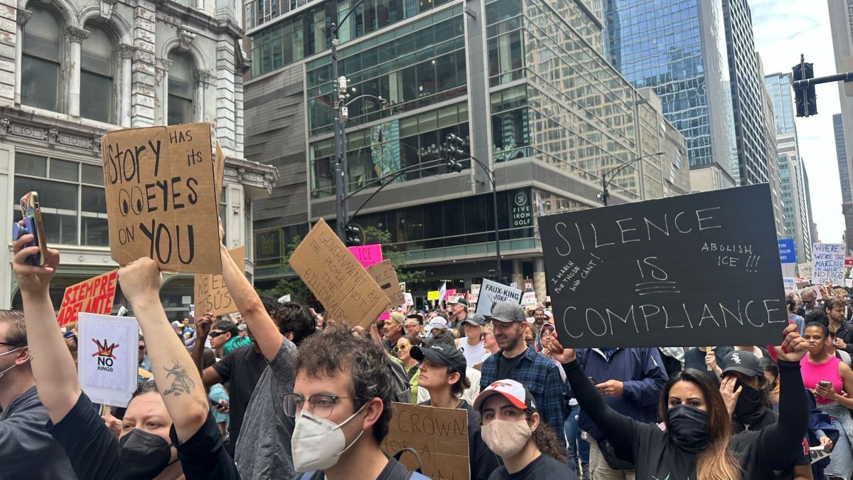 Demonstrators rally and march in Chicago as part of ‘No Kings protests nationwide