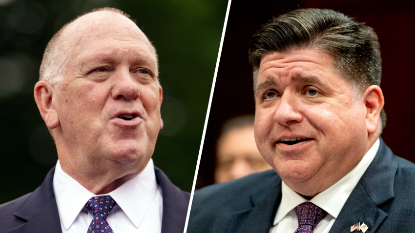 “Border Czar” Tom Homan, left, and Illinois Gov. J.B. Pritzker are shown in a split image.