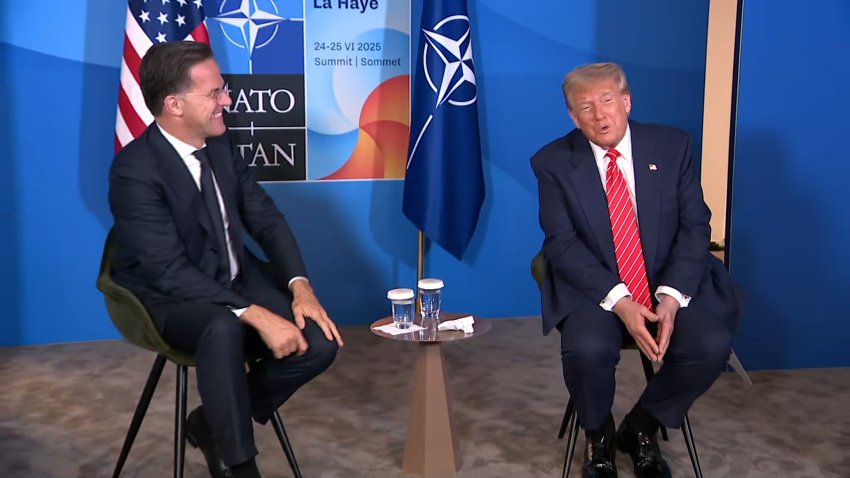 President Donald Trump sits with NATO Secretary General Mark Rutte