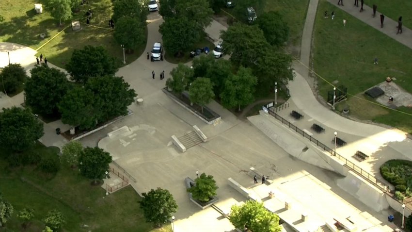 An aerial view of the Grant Skate Park in Chicago after three people were hurt in a stabbing on Tuesday, June 17.