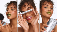 A triptych split of a model showing the lip stain collaboration between Chipotle and Wonderskin. The stain when applied is a metallic green.