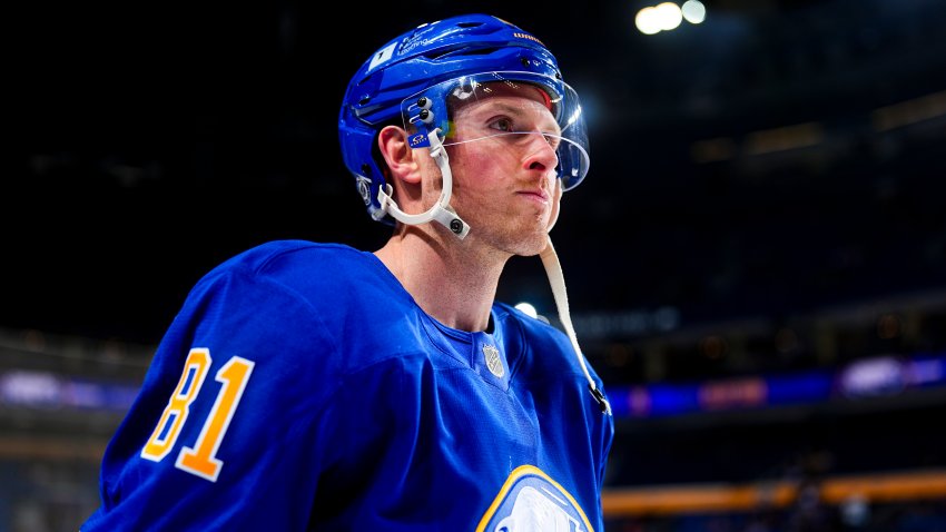 BUFFALO, NEW YORK – APRIL 15: Sam Lafferty #81 of the Buffalo Sabres warms up prior to an NHL game against the Toronto Maple Leafs on April 15, 2025 at KeyBank Center in Buffalo, New York. (Photo by Ben Ludeman/NHLI via Getty Images)