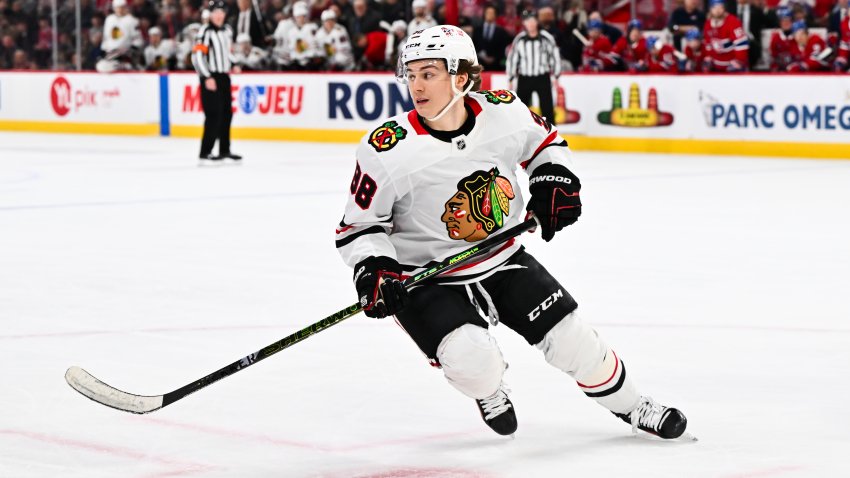 MONTREAL, CANADA – APRIL 14: Connor Bedard #98 of the Chicago Blackhawks skates during the third period against the Montreal Canadiens at the Bell Centre on April 14, 2025 in Montreal, Quebec, Canada.  The Chicago Blackhawks defeated the Montreal Canadiens 4-3 in a shootout.  (Photo by Minas Panagiotakis/Getty Images)
