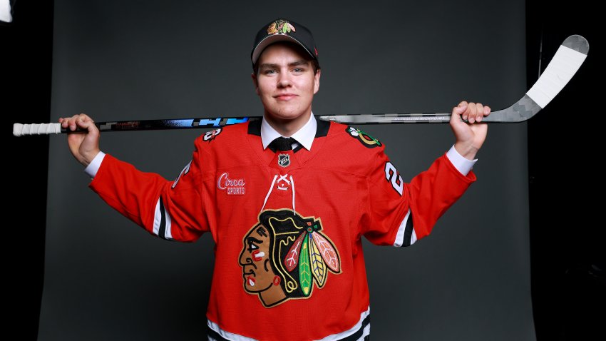 LOS ANGELES, CALIFORNIA – JUNE 27: Anton Frondell poses for a portrait after being drafted by the Chicago Blackhawks with the third overall pick during the first round of the 2025 Upper Deck NHL Draft at JW Marriott Los Angeles L.A. LIVE on June 27, 2025 in Los Angeles, California. (Photo by Matt Winkelmeyer/Getty Images)