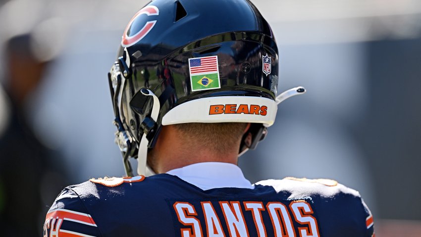 CHICAGO, ILLINOIS – OCTOBER 22: A detailed view of the helmet worn by Cairo Santos #8 of the Chicago Bears during the second quarter against the Las Vegas Raiders at Soldier Field on October 22, 2023 in Chicago, Illinois. (Photo by Quinn Harris/Getty Images)