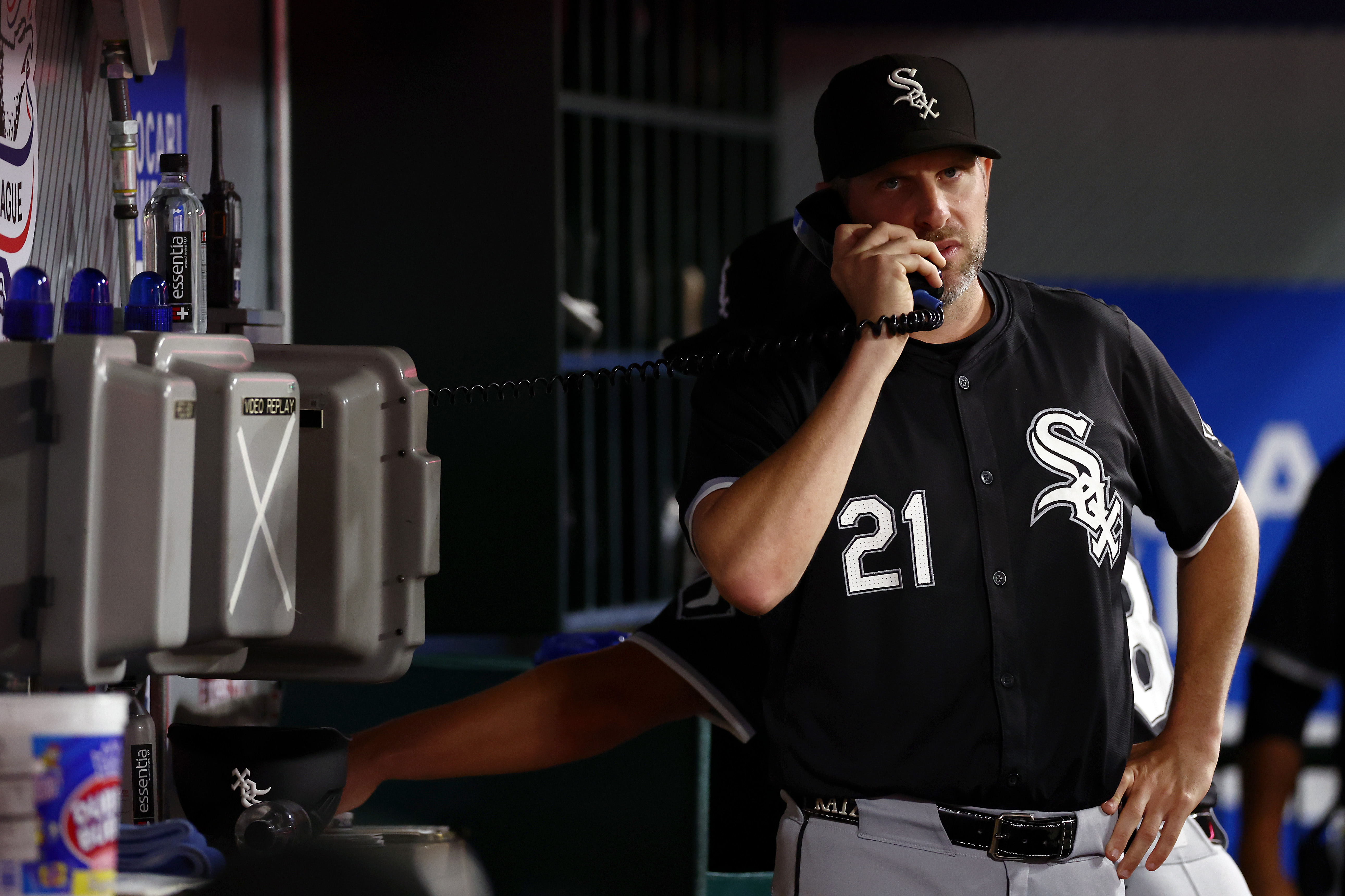 ANAHEIM, CALIFORNIA – SEPTEMBER 17: Pitching coach Ethan Katz #21 of the Chicago White Sox calls the bullpen during the fifth inning against the Los Angeles Angels at Angel Stadium of Anaheim on September 17, 2024 in Anaheim, California. (Photo by Katelyn Mulcahy/Getty Images)