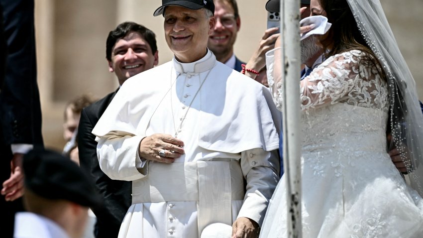 Pope Leo XIV wore a Chicago White Sox hat while meeting newly wedded couples in St. Peter’s Square at the Vatican on June 11.