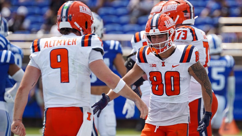 DURHAM, NORTH CAROLINA – SEPTEMBER 06: Hank Betty #17 of the University of Illinois Fighting Illini celebrates his touchdown with Luke Altmyer #9 during their game against the Duke Blue Devils at Wallace Wade Stadium on September 06, 2025 in Durham, North Carolina. (Photo by Alex Halloway/Getty Images)