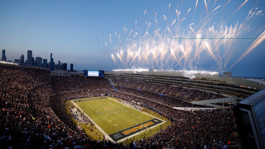 CHICAGO, ILLINOIS – SEPTEMBER 08: A general view inside the stadium during the pregame ceremony prior to the game between the Minnesota Vikings and the Chicago Bears at Soldier Field on September 08, 2025 in Chicago, Illinois. (Photo by Michael Reaves/Getty Images)